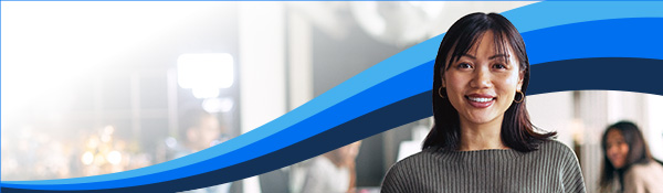 Smiling professional woman in a modern office framed by layered blue wave graphics across the banner.